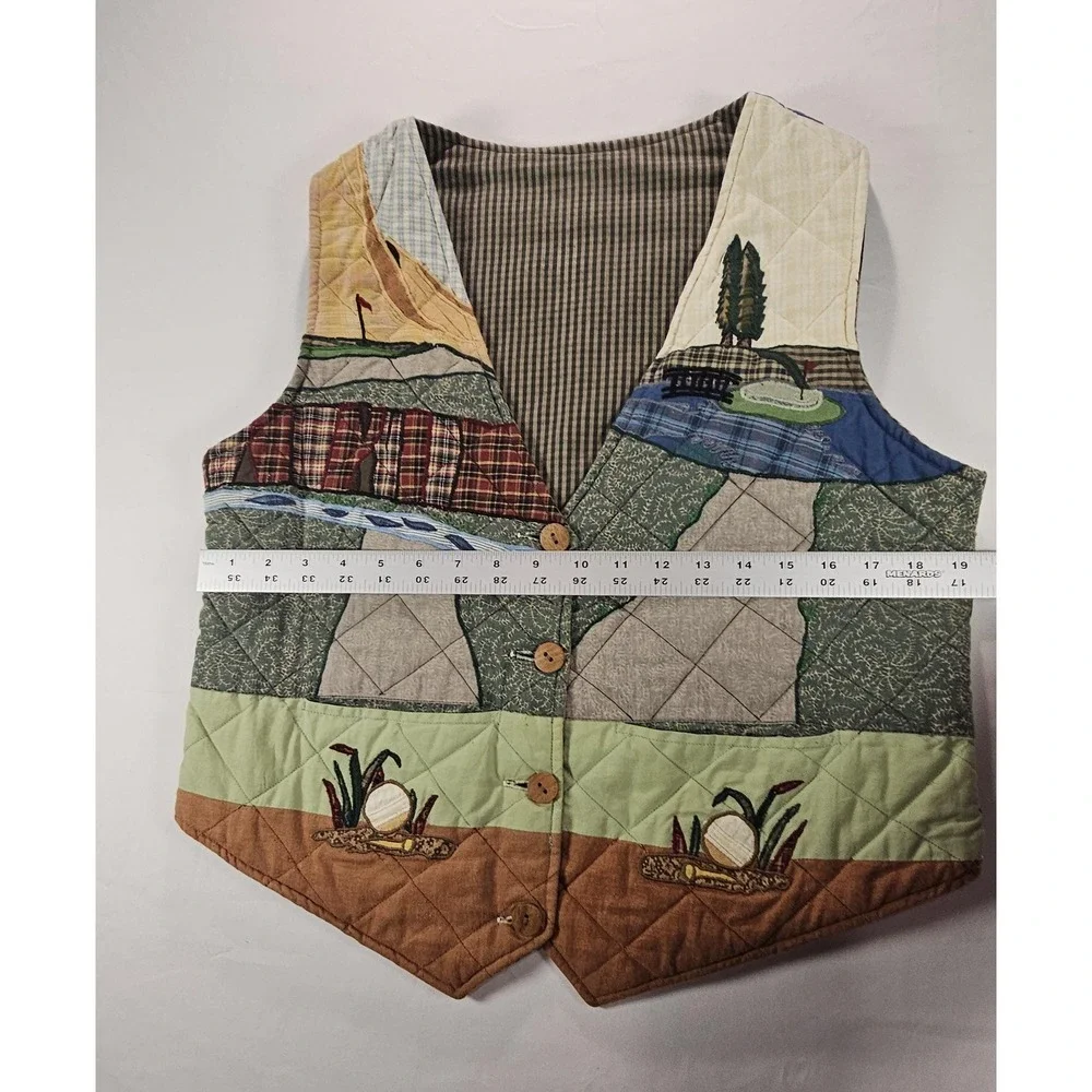 Vintage Unmarked Reversible Quilted‎ Golf Vest Gingham Plaid Wooden Buttons